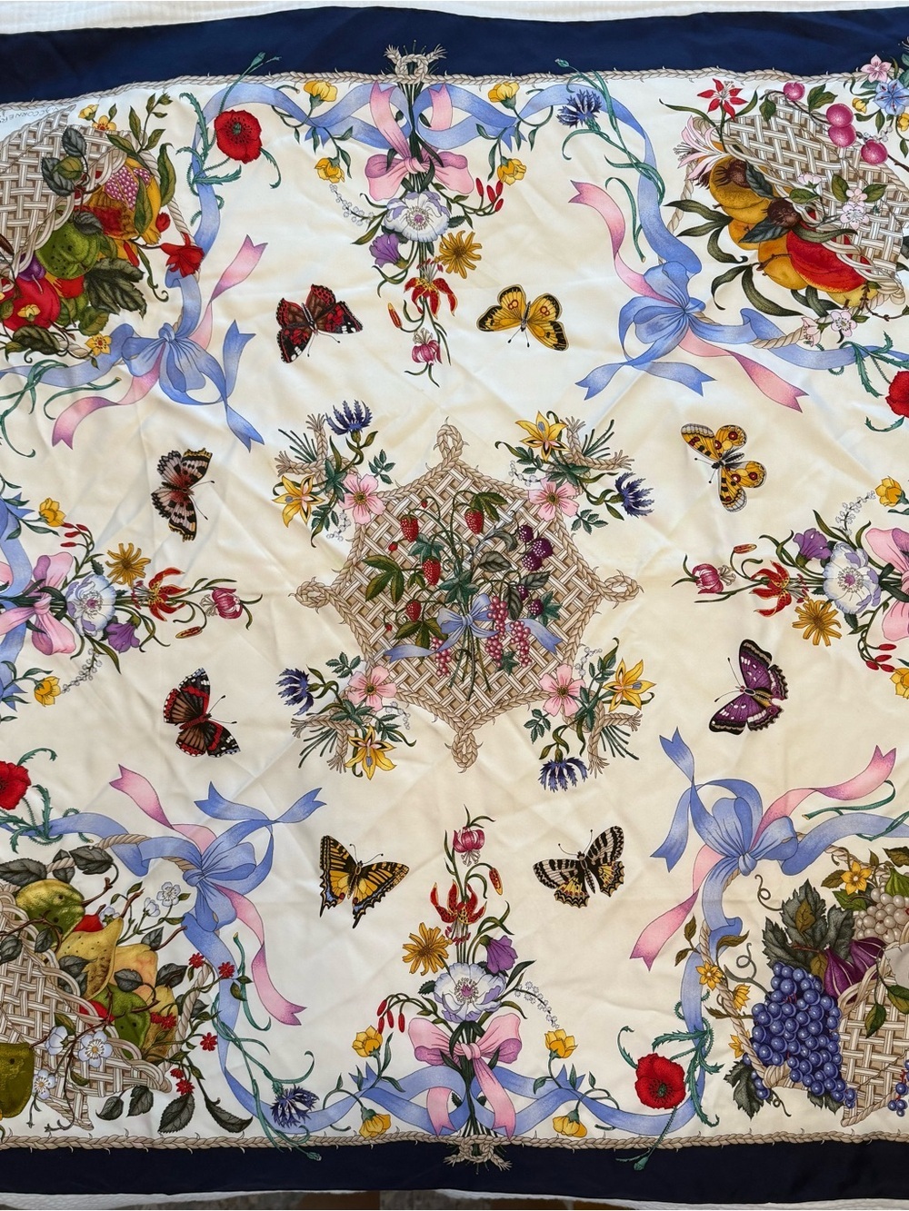 Gucci Floral & Butterfly Cream Silk Scarf “Flora”